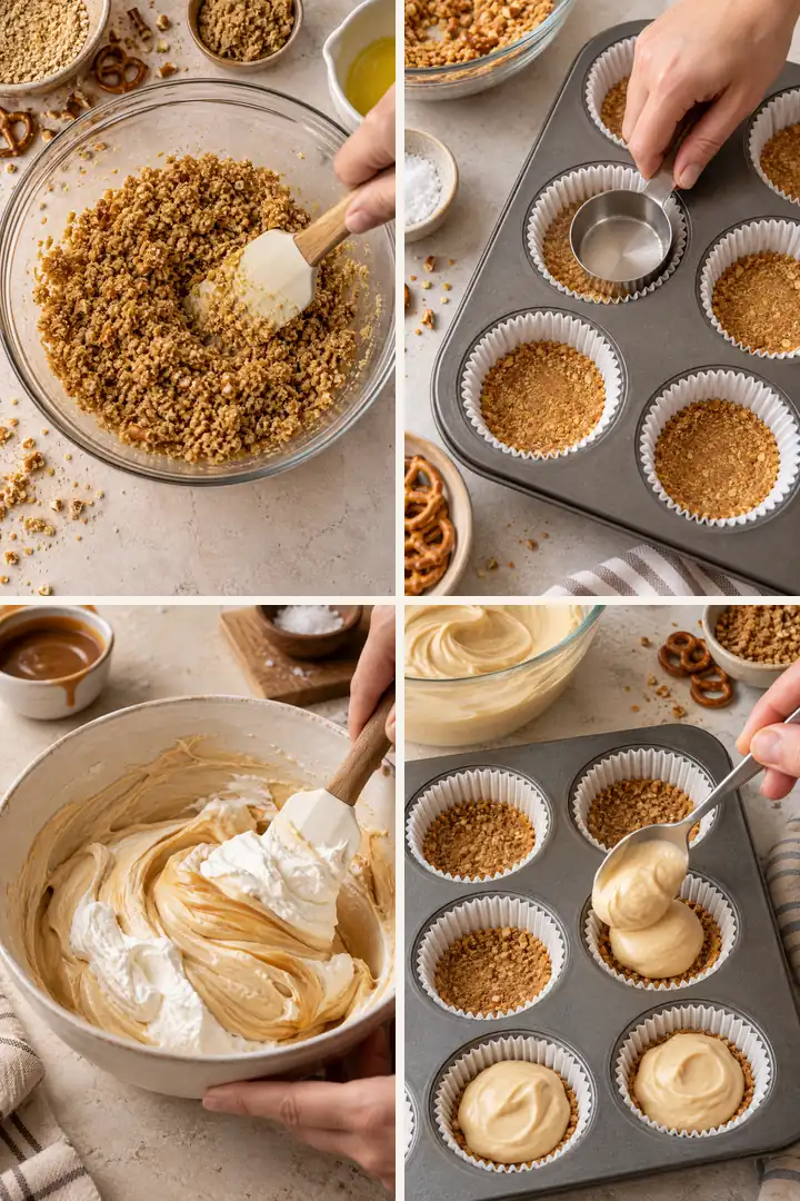 No-Bake Salted Caramel Mini Cheesecakes 4 Four steps for making No-Bake Salted Caramel Mini Cheesecakes in a muffin pan