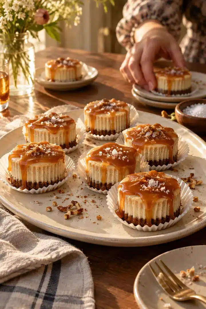 No-Bake Salted Caramel Mini Cheesecakes 6 No-Bake Salted Caramel Mini Cheesecakes on a serving plate with caramel drizzle