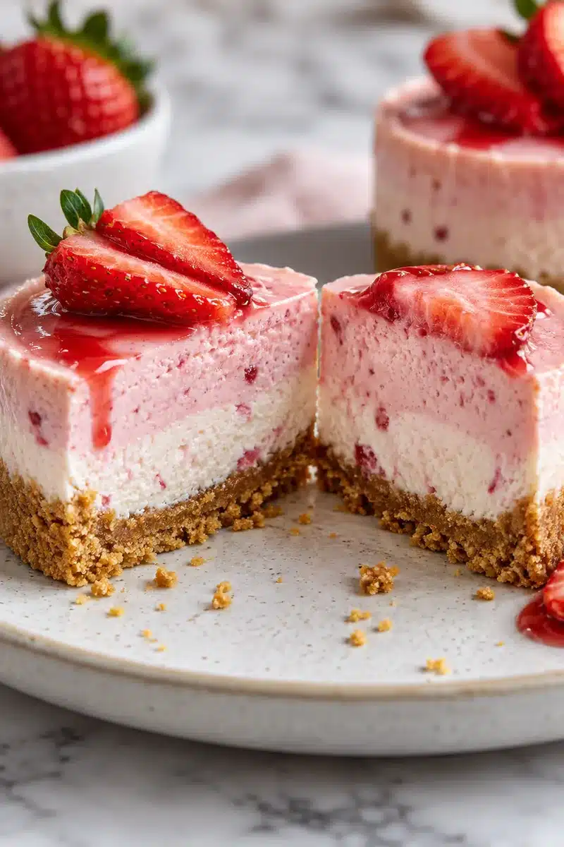 No-Bake Strawberry Mini Cheesecakes 5 No-Bake Strawberry Mini Cheesecakes cut open to show creamy filling and graham crust