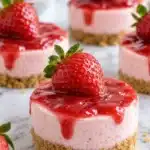 No-Bake Strawberry Mini Cheesecakes 3 No-Bake Strawberry Mini Cheesecakes with graham crust and glossy strawberry topping