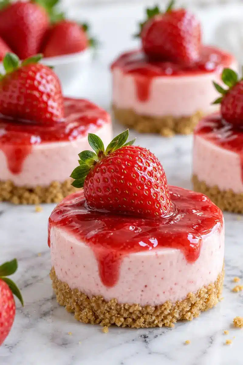 No-Bake Strawberry Mini Cheesecakes 1 No-Bake Strawberry Mini Cheesecakes with graham crust and glossy strawberry topping