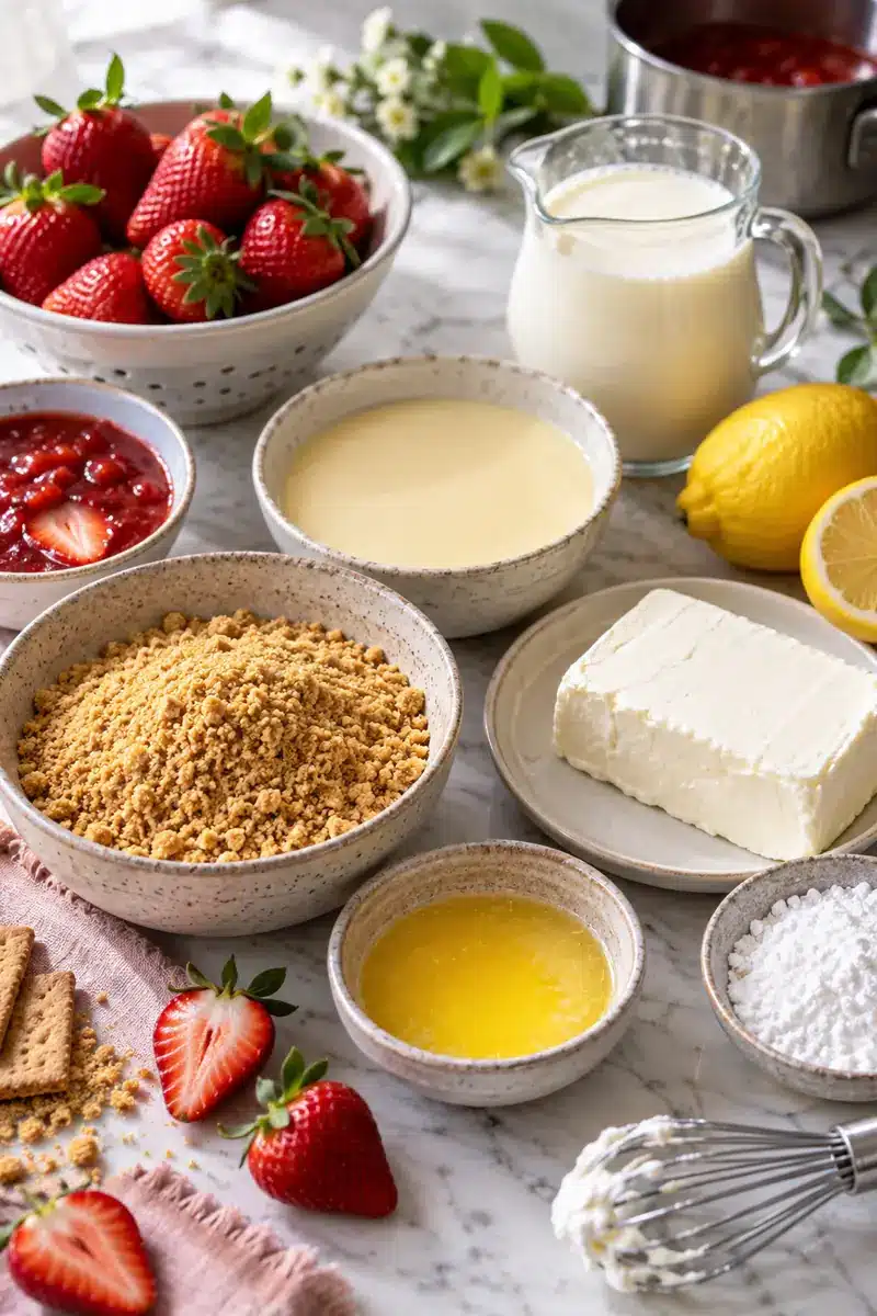 No-Bake Strawberry Mini Cheesecakes 3 Ingredients for No-Bake Strawberry Mini Cheesecakes arranged on a marble counter