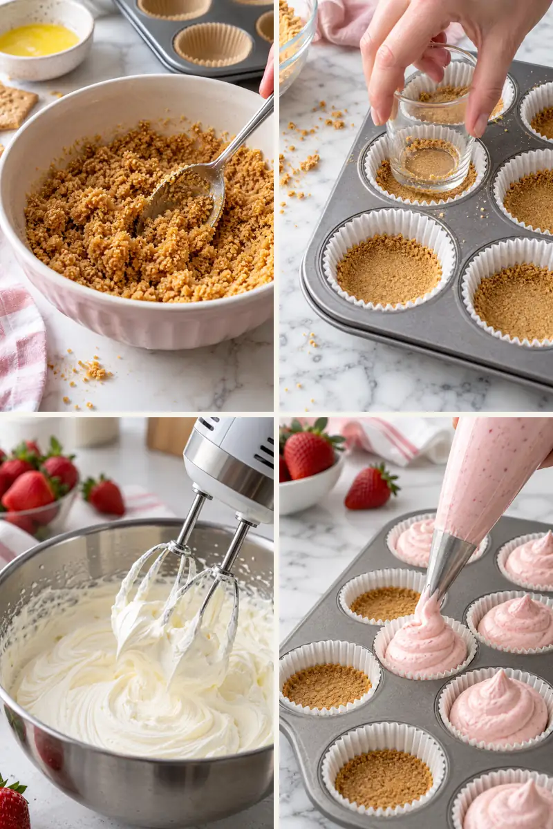 No-Bake Strawberry Mini Cheesecakes 4 Four steps for making No-Bake Strawberry Mini Cheesecakes in a muffin pan
