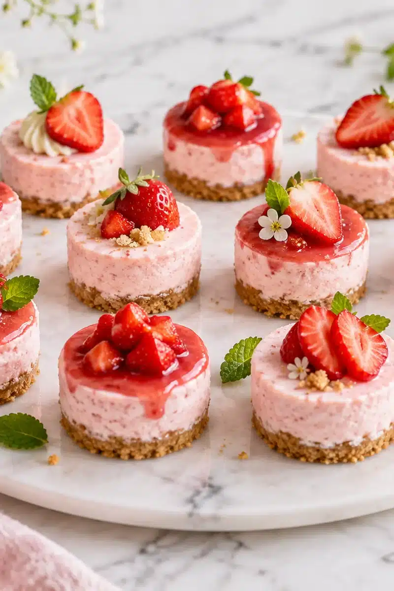 No-Bake Strawberry Mini Cheesecakes 6 No-Bake Strawberry Mini Cheesecakes arranged on a platter for serving