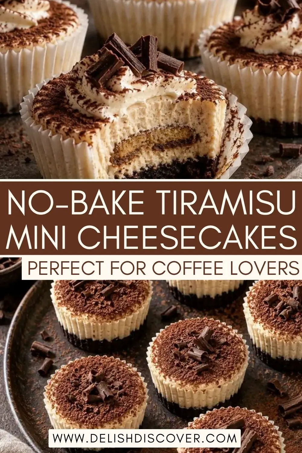 No-bake tiramisu mini cheesecakes with espresso filling, dark chocolate cookie crust, cocoa dusting, and chocolate curls.