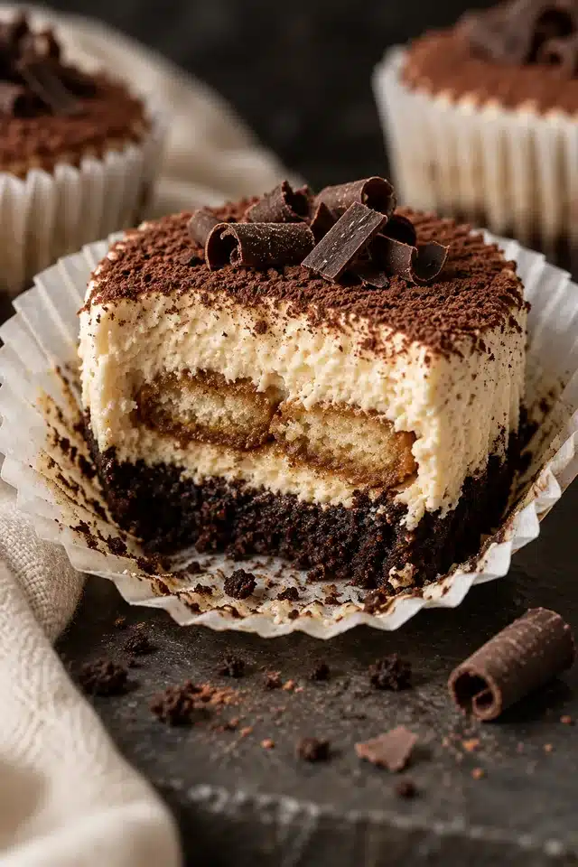 No-Bake Tiramisu Mini Cheesecakes 5 Cut No-Bake Tiramisu Mini Cheesecakes with coffee filling and dark cookie crust