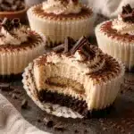 No-Bake Tiramisu Mini Cheesecakes 3 No-Bake Tiramisu Mini Cheesecakes with dark cookie crust and chocolate curls