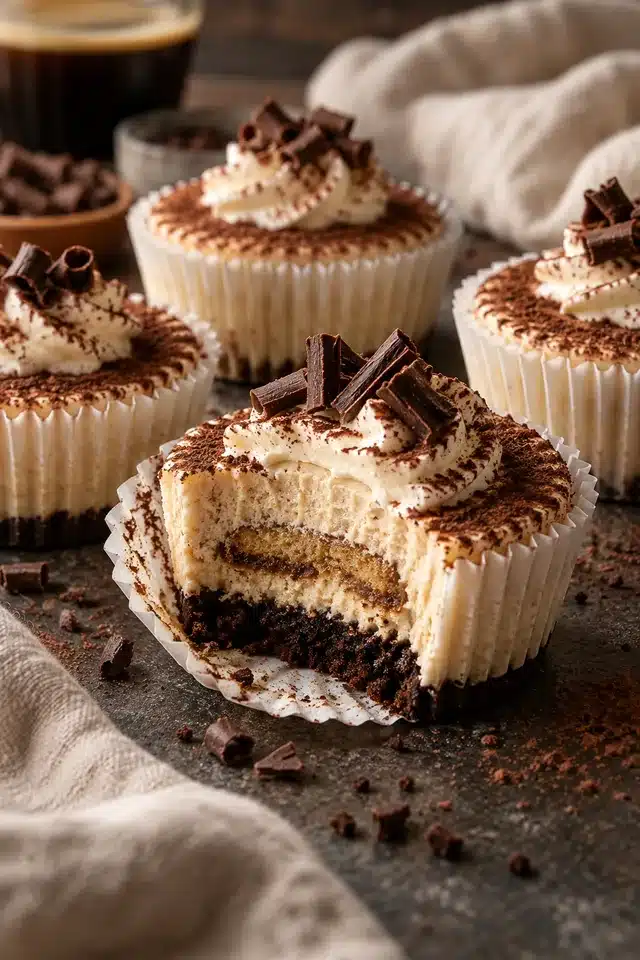 No-Bake Tiramisu Mini Cheesecakes 1 No-Bake Tiramisu Mini Cheesecakes with dark cookie crust and chocolate curls