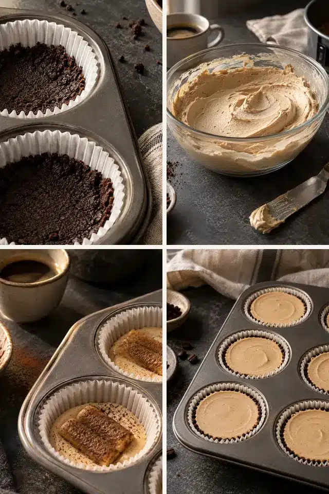 No-Bake Tiramisu Mini Cheesecakes 4 Four steps for making No-Bake Tiramisu Mini Cheesecakes in a muffin pan