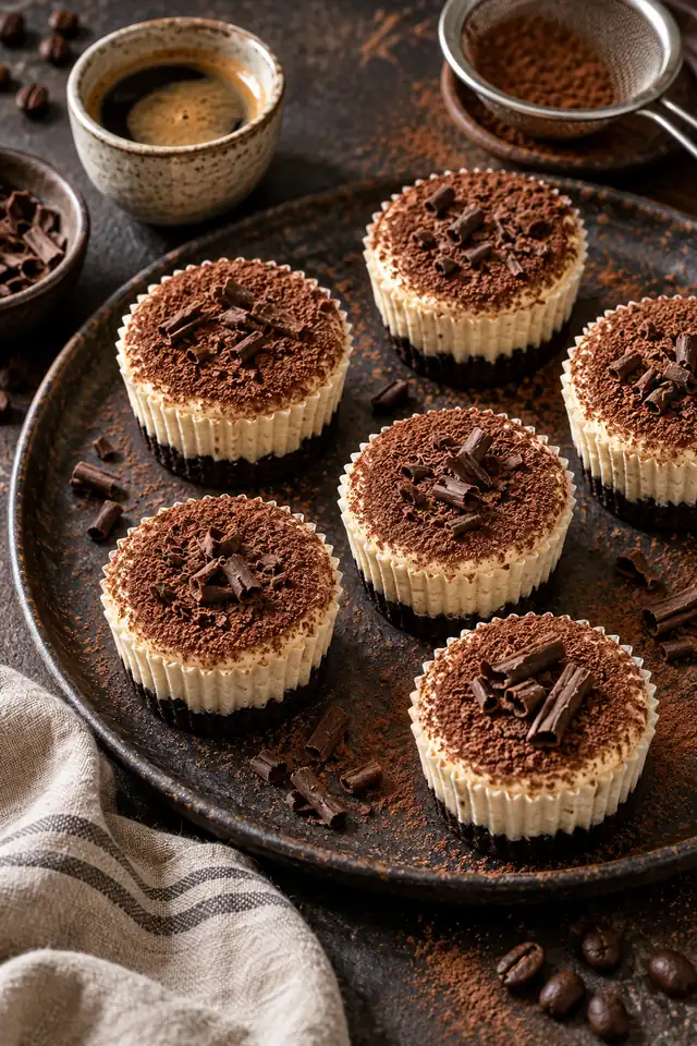 No-Bake Tiramisu Mini Cheesecakes 6 No-Bake Tiramisu Mini Cheesecakes on a serving platter with chocolate curls