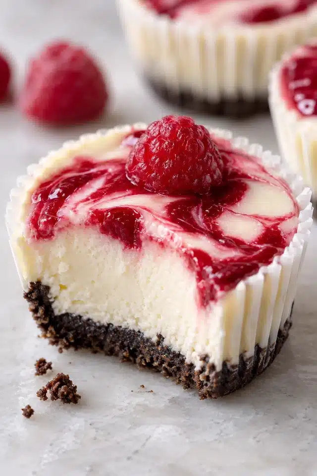 No-Bake White Chocolate Raspberry Mini Cheesecakes 5 Cut No-Bake White Chocolate Raspberry Mini Cheesecakes with creamy filling, raspberry swirl, and cookie crust