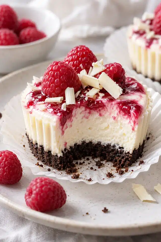 No-Bake White Chocolate Raspberry Mini Cheesecakes 1 No-Bake White Chocolate Raspberry Mini Cheesecakes with raspberry swirl and chocolate cookie crust