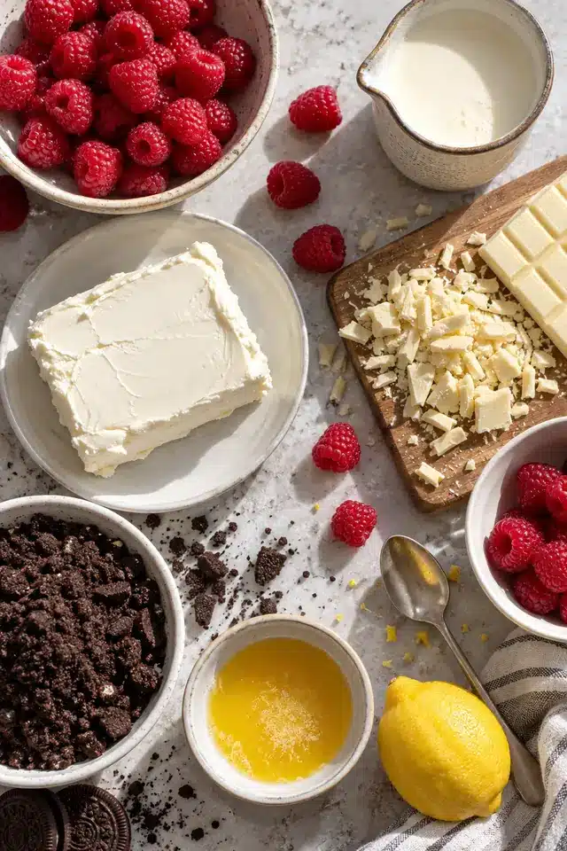 No-Bake White Chocolate Raspberry Mini Cheesecakes 3 Ingredients for No-Bake White Chocolate Raspberry Mini Cheesecakes arranged on a kitchen counter