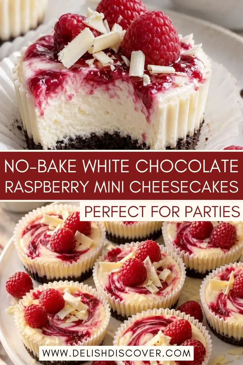 No-bake white chocolate raspberry mini cheesecakes topped with fresh raspberries and white chocolate over dark cookie crusts.