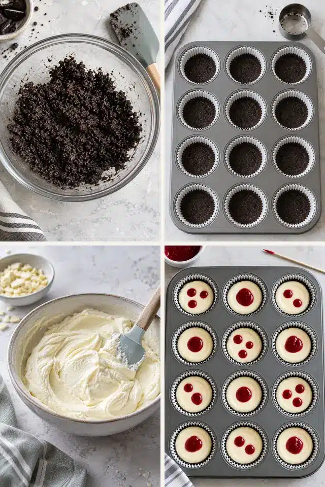 No-Bake White Chocolate Raspberry Mini Cheesecakes 4 Four steps for making No-Bake White Chocolate Raspberry Mini Cheesecakes in a muffin pan