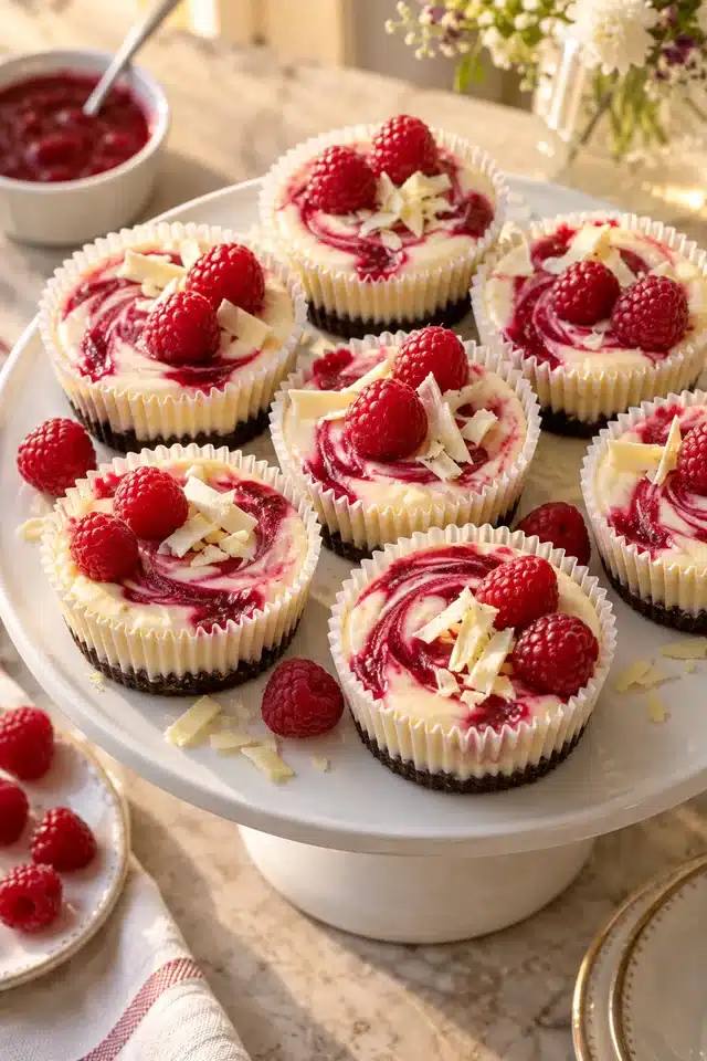 No-Bake White Chocolate Raspberry Mini Cheesecakes 6 No-Bake White Chocolate Raspberry Mini Cheesecakes served with fresh raspberries
