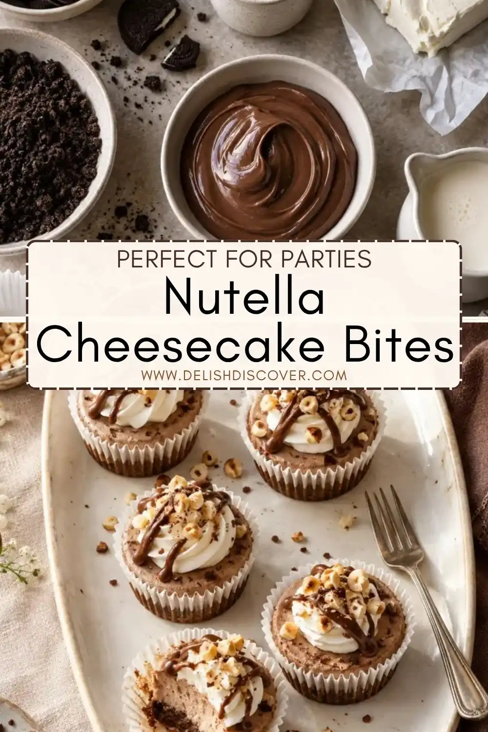 Nutella cheesecake bites on a platter with whipped cream, chocolate-hazelnut drizzle, and chopped toasted hazelnuts.