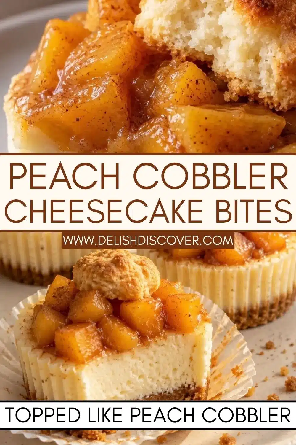 A close-up of an individual cheesecake topped with glossy cinnamon peaches and a small golden biscuit, with more peach cheesecakes in the background.
