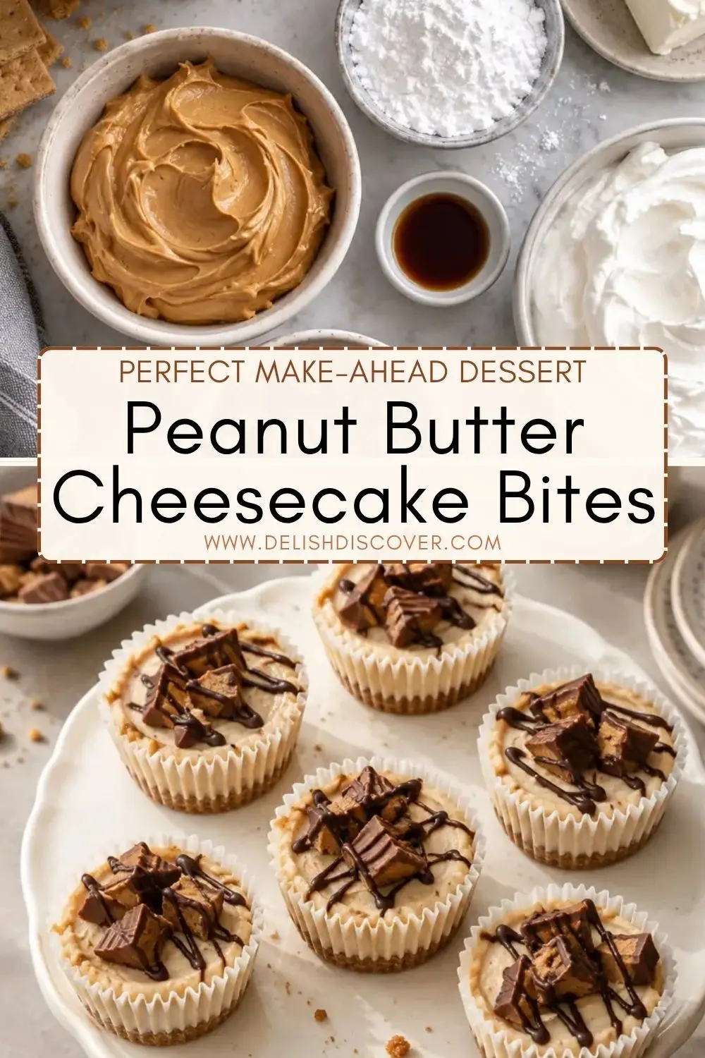 Peanut butter cheesecake bites on a platter with creamy filling, crumb crusts, and chocolate-peanut butter candy pieces on top.