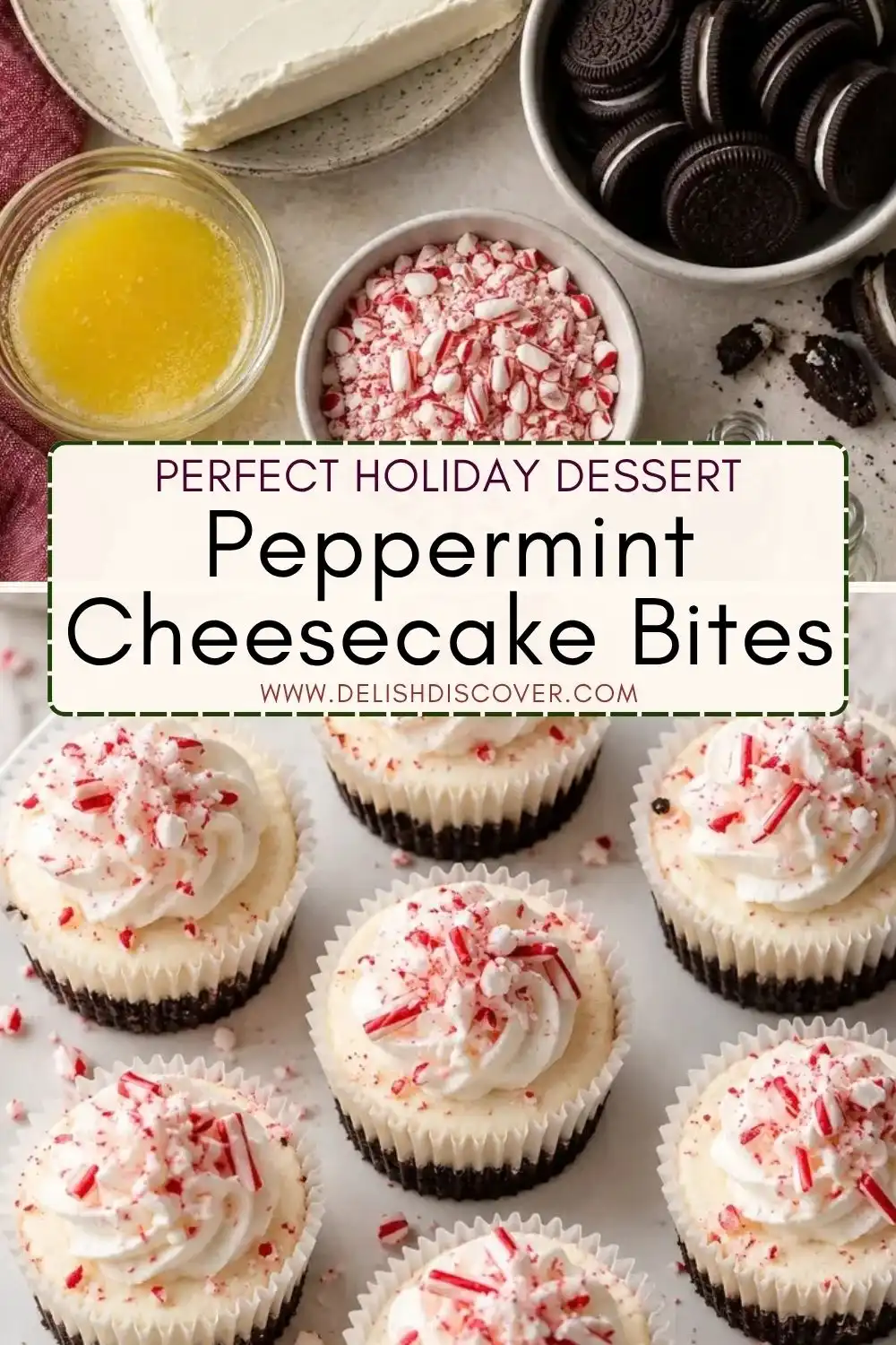 Peppermint cheesecake bites topped with whipped cream and crushed candy cane pieces, served on a platter with cheesecake ingredients nearby.