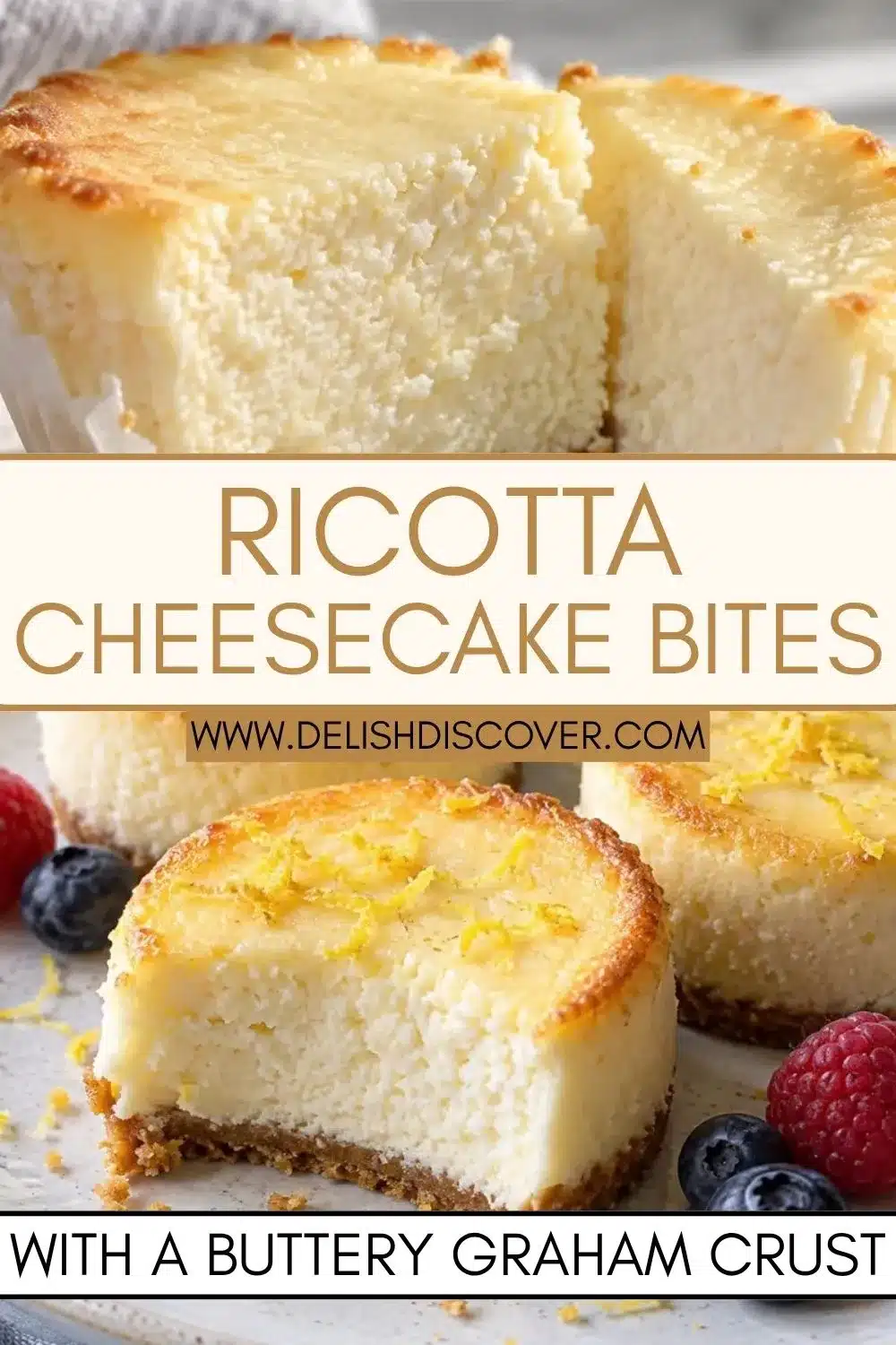 A cut-open ricotta cheesecake showing its pale creamy center and thin graham crust, surrounded by lemon zest and fresh berries.