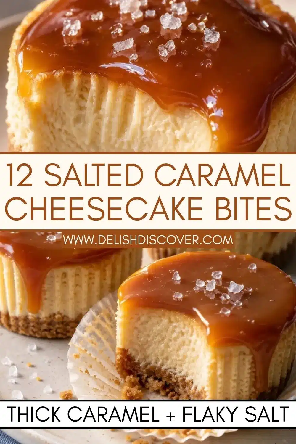Close-up of salted caramel cheesecake bites with creamy centers, graham cracker crusts, thick amber caramel, and visible flaky sea salt.
