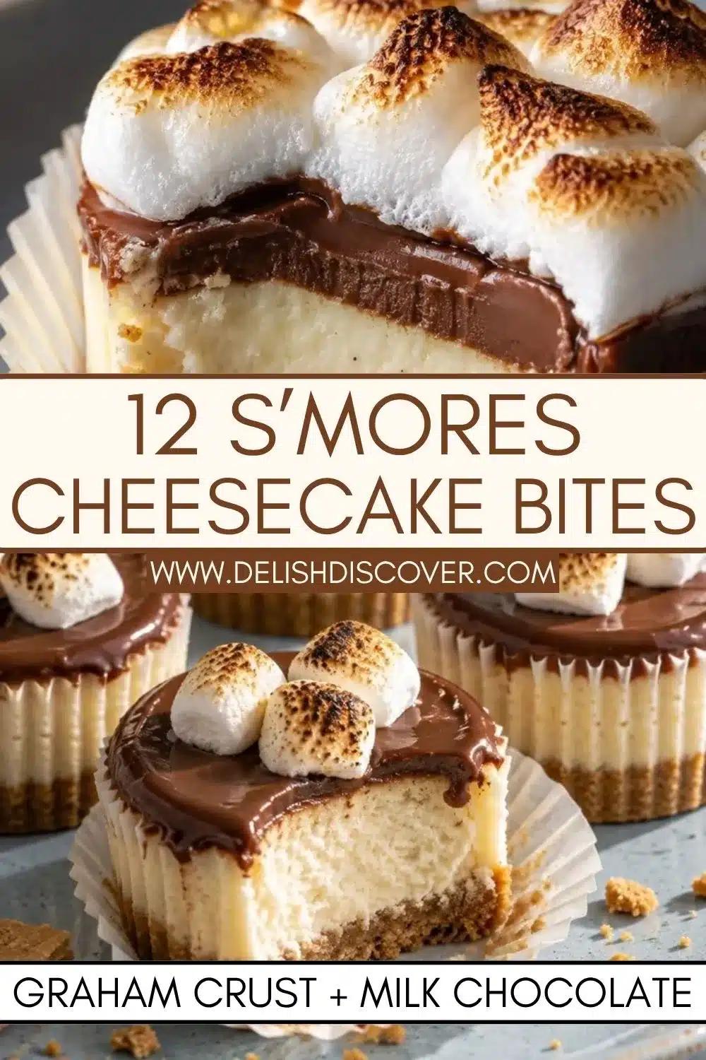 Close-up of s’mores cheesecake bites with creamy centers, graham cracker crusts, milk chocolate topping, and browned marshmallows.