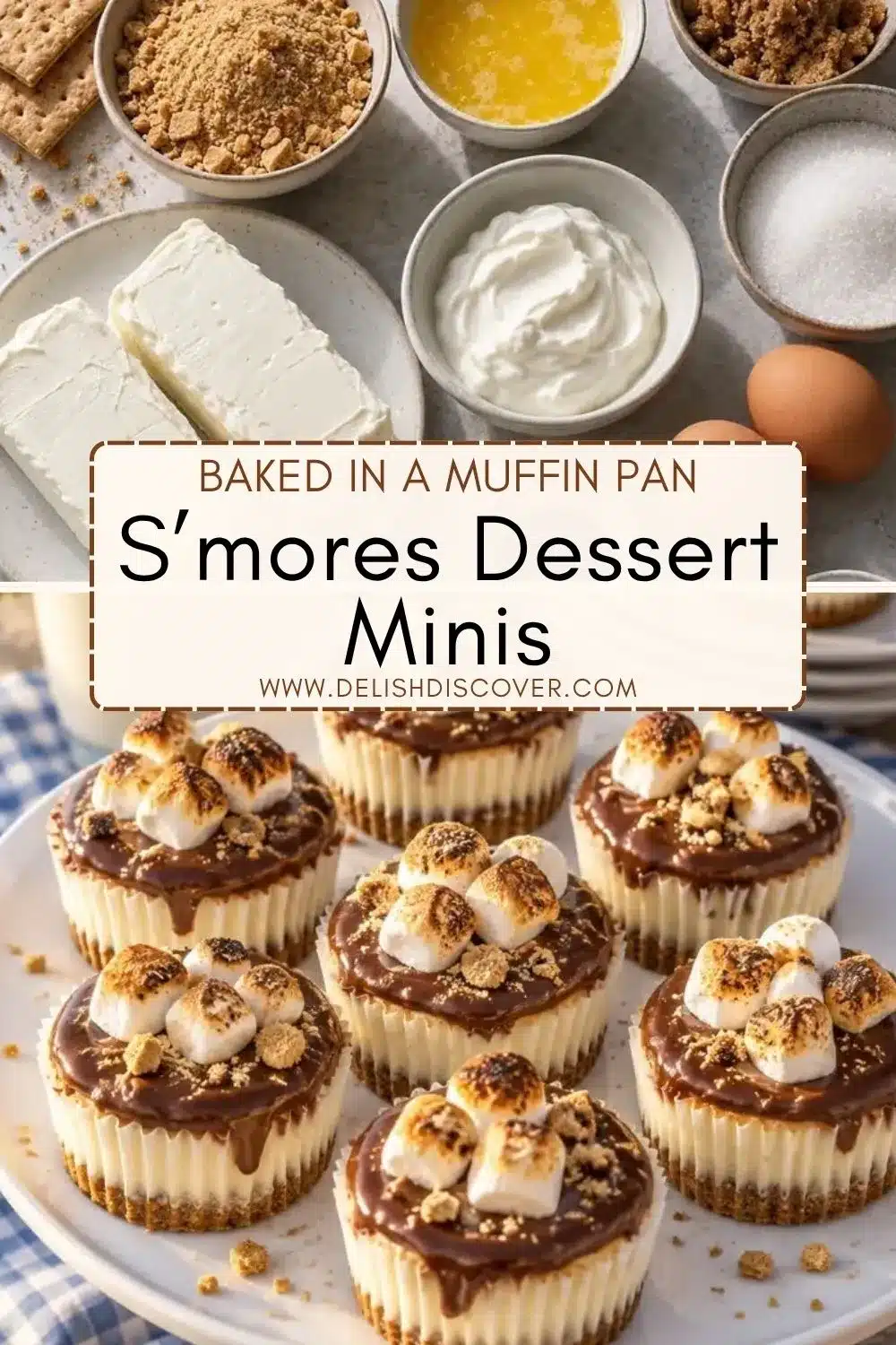 Mini s’mores cheesecakes topped with chocolate and toasted marshmallows, arranged on a platter beside graham cracker crumbs and baking ingredients.