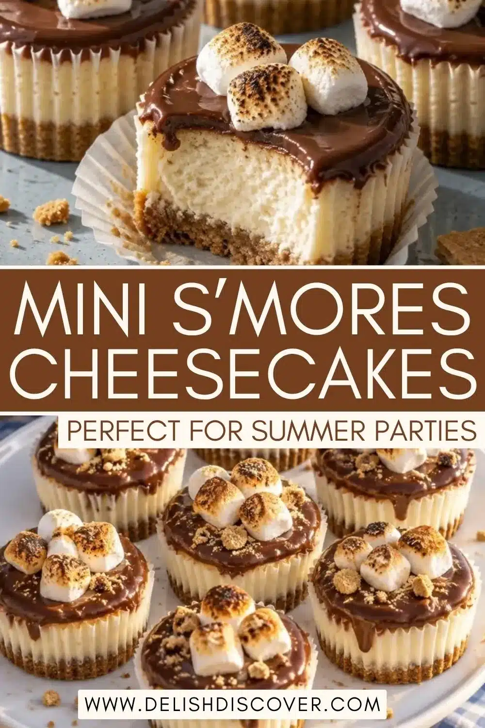 Mini s’mores cheesecakes with glossy chocolate topping, toasted marshmallows, graham cracker crusts, and crumbs scattered around a serving plate.