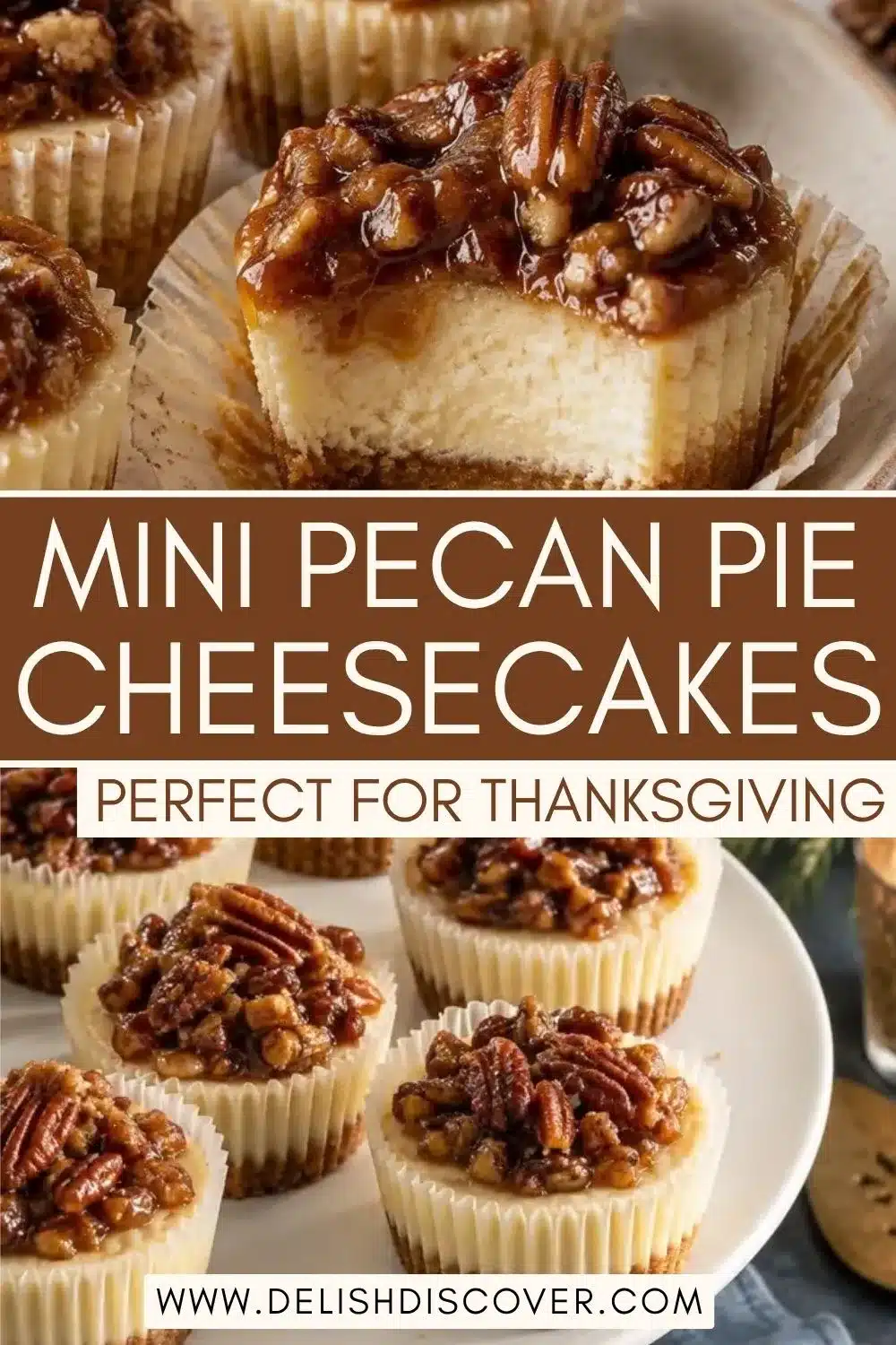 Mini pecan pie cheesecakes topped with caramelized pecans and served in paper liners on a white plate.
