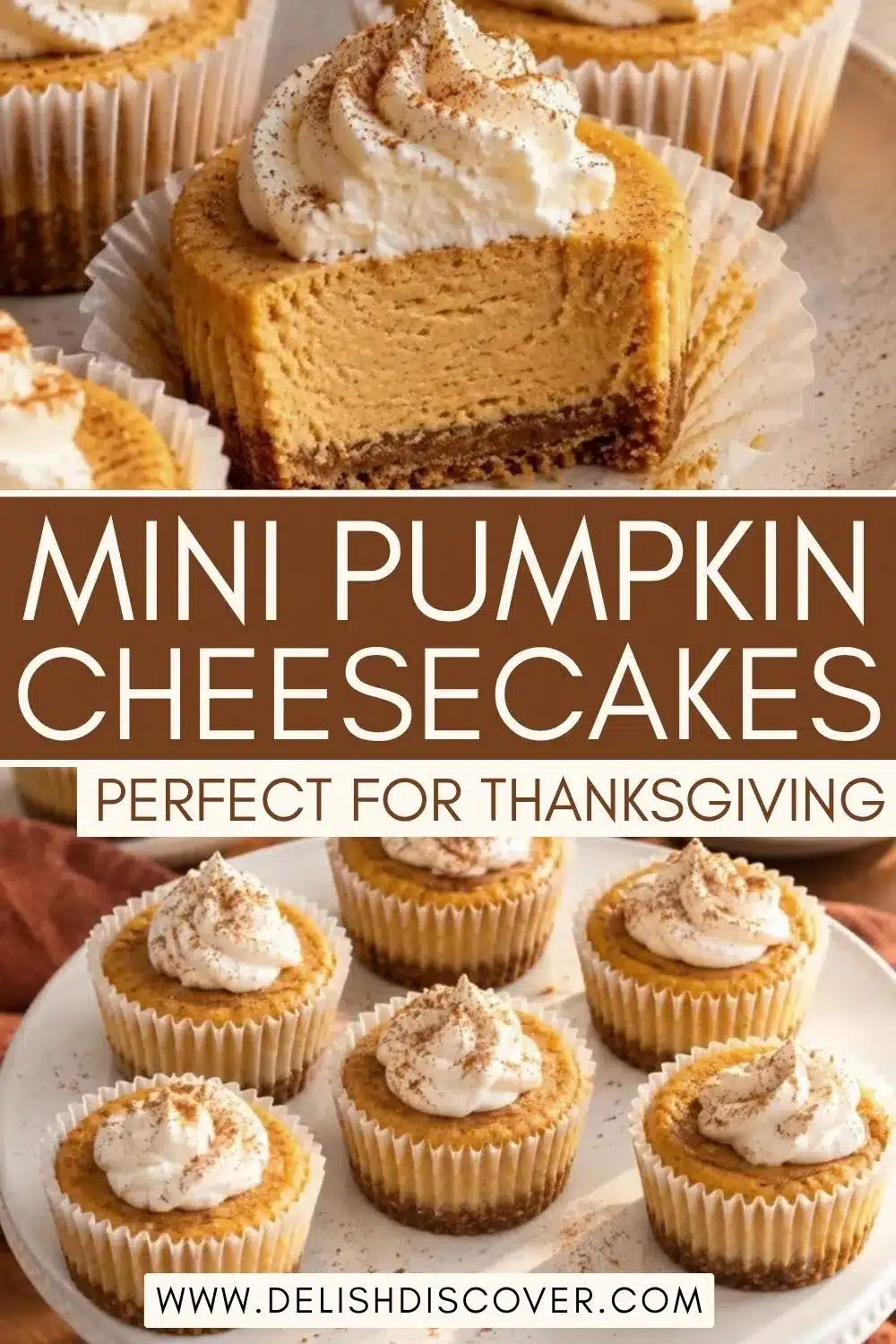 Mini pumpkin cheesecakes with creamy orange centers, cinnamon-dusted whipped cream, and crumb crusts served on a white plate.