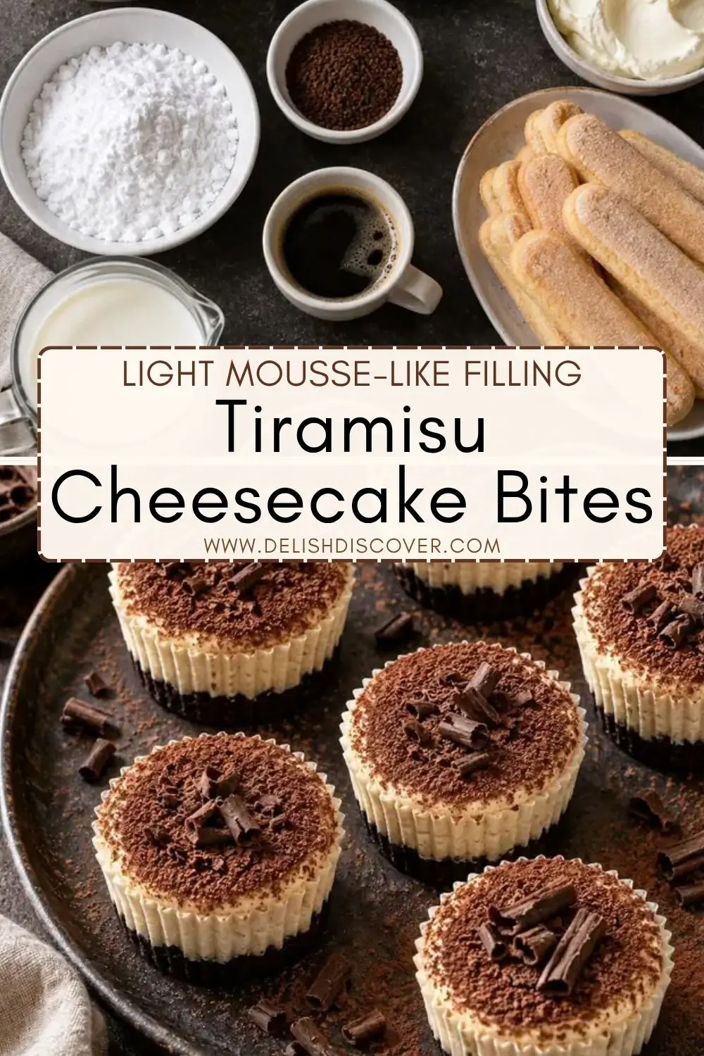 Tiramisu cheesecake bites with creamy coffee filling, dark cookie crust, cocoa dusting, and chocolate curls.
