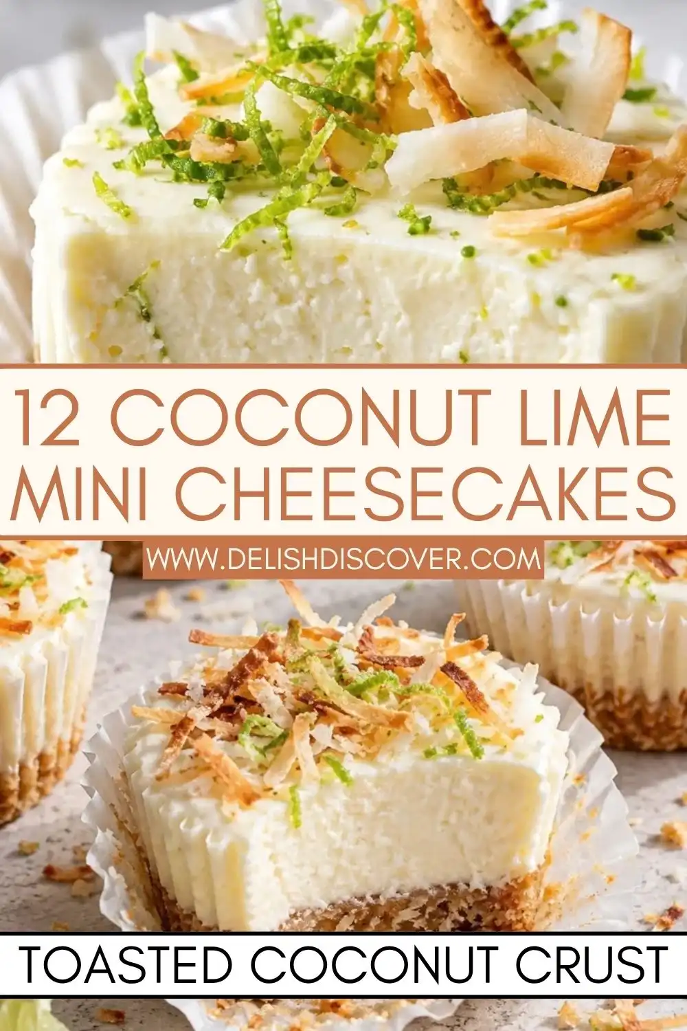 Close-up of a coconut lime mini cheesecake with a bite removed, revealing thick chilled filling over a toasted coconut crumb crust.