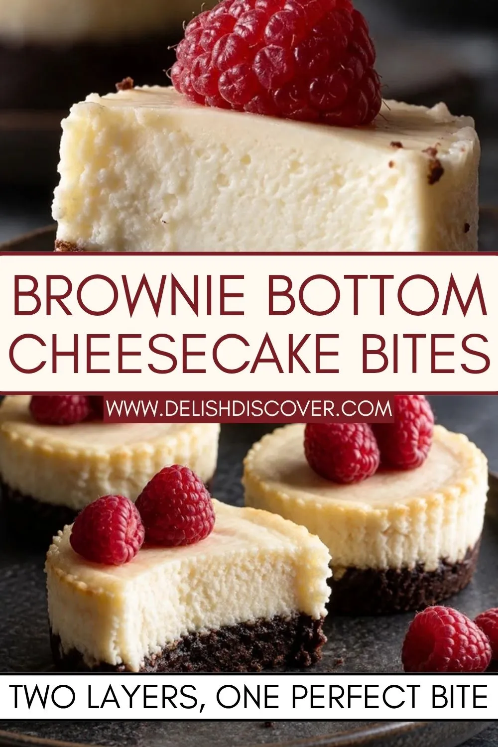 Three small cheesecakes with pale creamy tops, dark chocolate bases, and raspberries, with one cut open to show the separate layers.