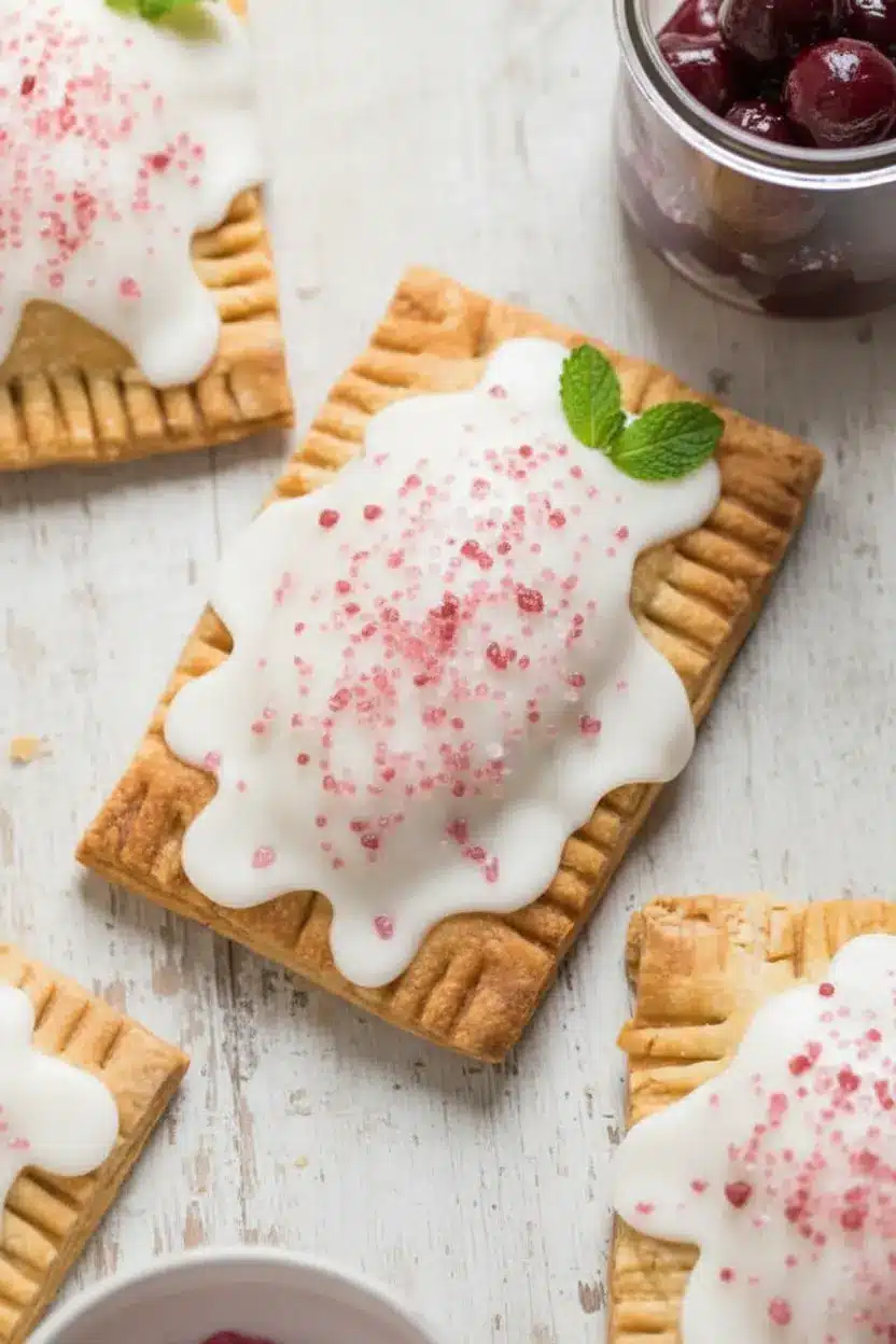 Homemade Cherry Pop Tarts 5 Vegan homemade cherry pop tart with white icing and red sprinkles on a pie crust, surrounded by jam and extra sprinkles