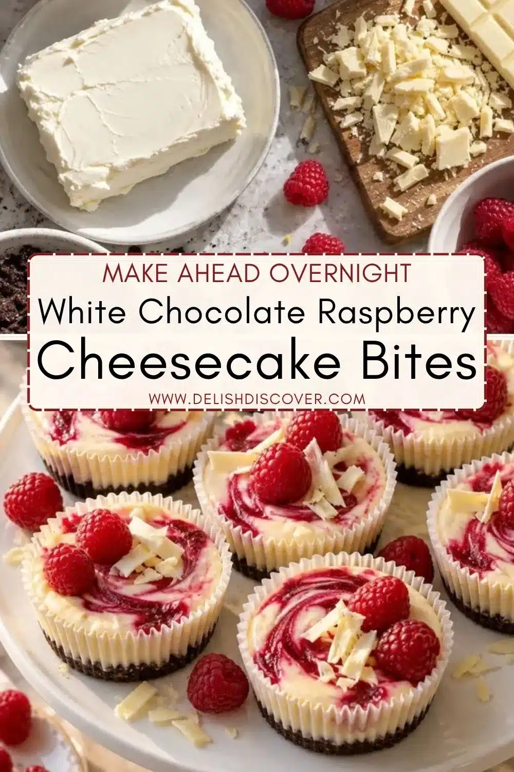 White chocolate raspberry cheesecake bites with raspberry swirl, fresh raspberries, white chocolate shavings, and a dark cookie crust.