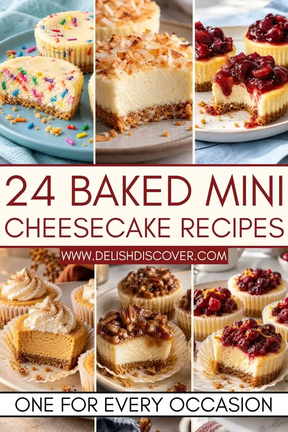 Collage of baked mini cheesecakes including confetti, coconut, cherry, pumpkin, pecan, and cranberry varieties.