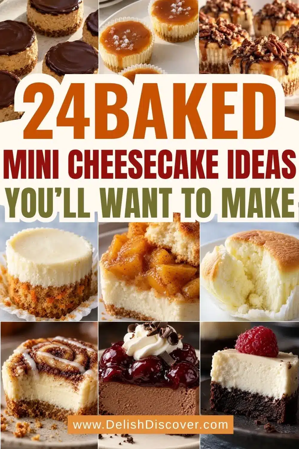 Grid of assorted mini cheesecakes with chocolate, caramel, pecan, peach, cinnamon swirl, Black Forest cherry, and brownie-bottom styles.