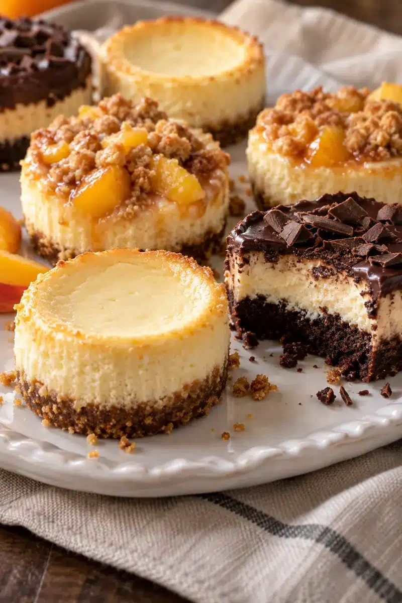 24 Baked Mini Cheesecake Recipes for Every Occasion 27 Plain, brownie-bottom, and peach cobbler baked mini cheesecakes on a dessert platter