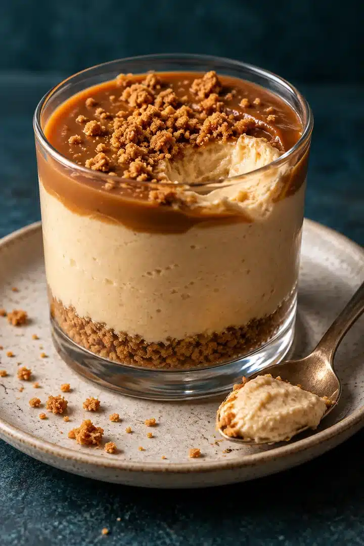 Spoonable pale caramel cheesecake beneath a thin glossy topping and fresh crumbs in an intact glass