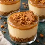 Biscoff cheesecake cups with golden crumb bases, creamy cookie butter filling and a thin spread topping
