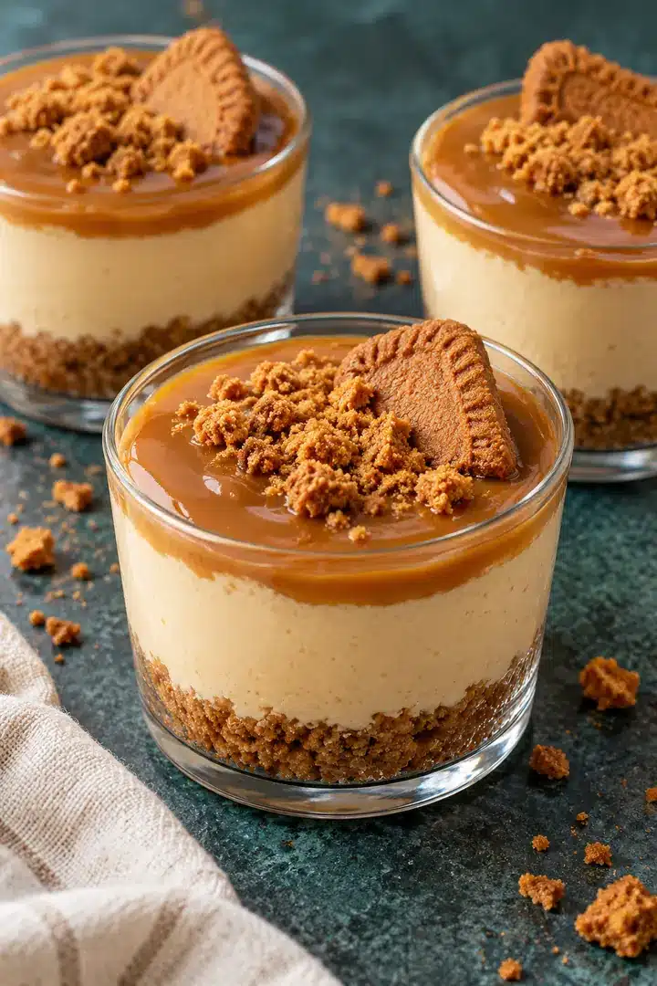 Biscoff cheesecake cups with golden crumb bases, creamy cookie butter filling and a thin spread topping
