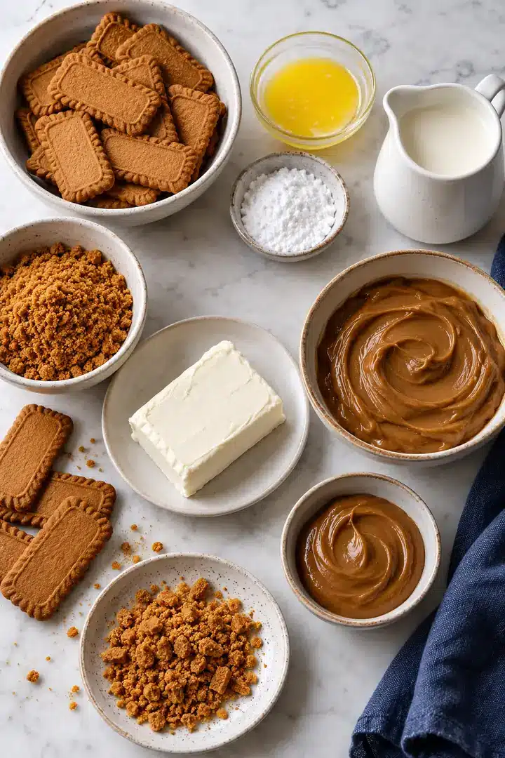 Cookie crumbs, melted butter, block cream cheese, smooth cookie butter, powdered sugar and cold cream in plain vessels