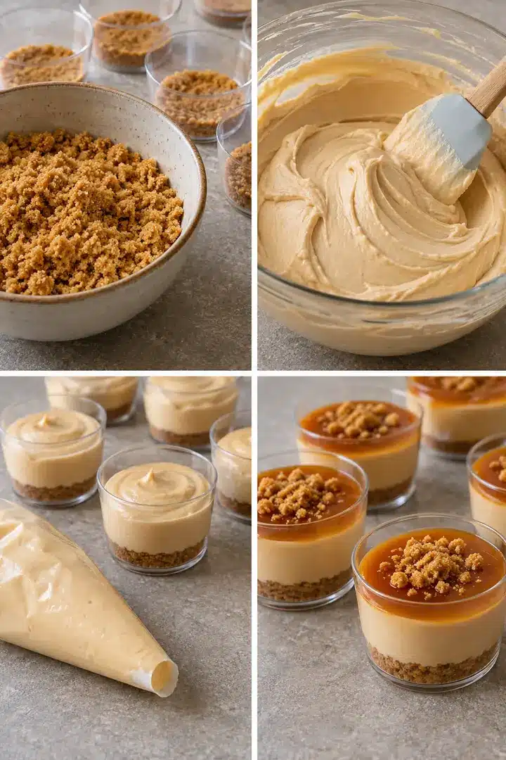 Four panels showing crumb bases, a soft mound of filling, filled clear cups and a thin cookie butter topping