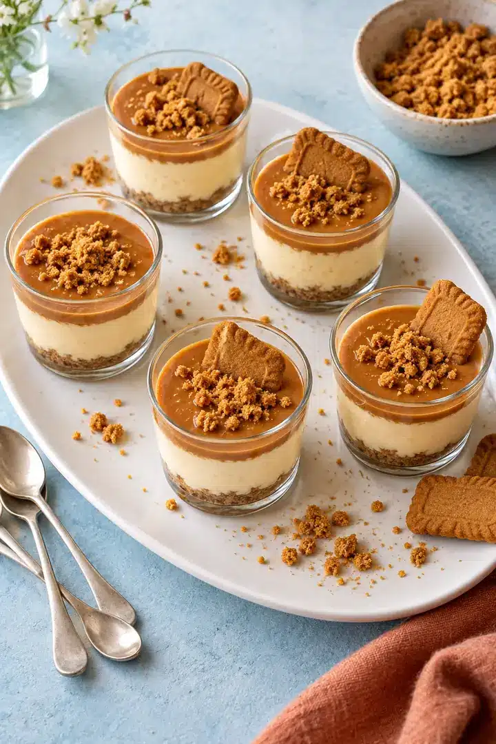 Small clear dessert cups on a serving tray with cookie crumbs held separately and dessert spoons