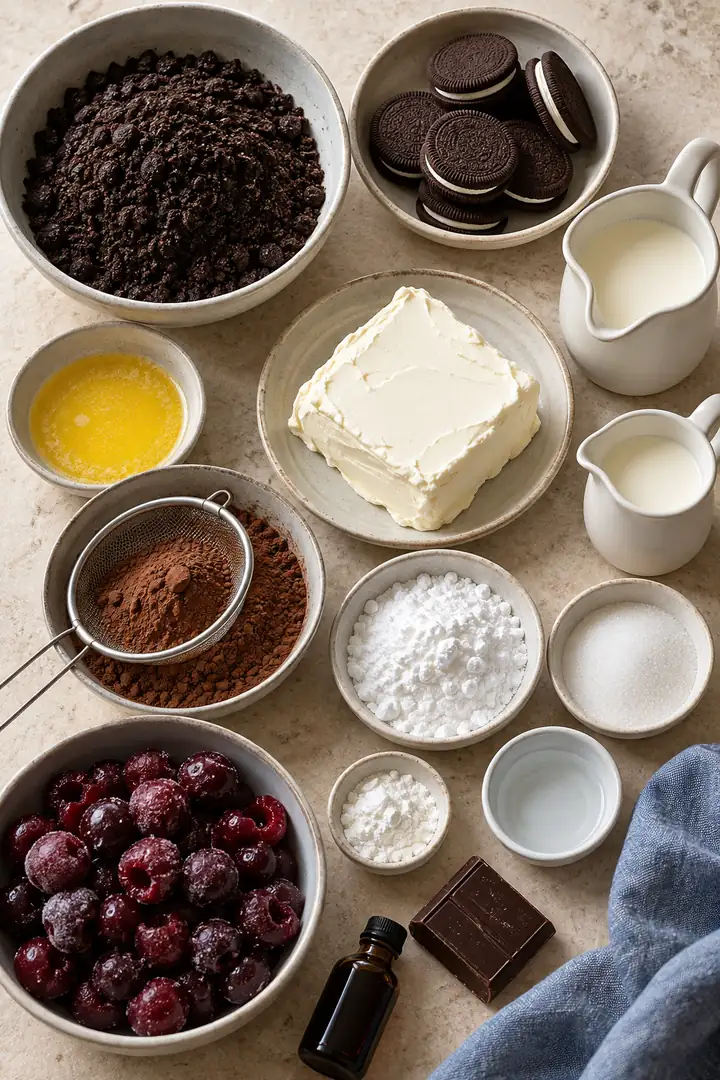 Chocolate sandwich cookies, butter, cream cheese, cocoa, sugars, frozen cherries, starch, cream, vanilla and dark chocolate in plain vessels