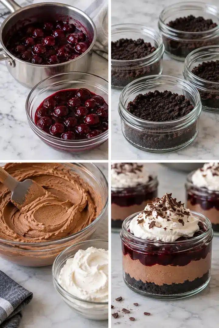 Four panels showing cooked cherries, cookie bases, whipped chocolate filling and finished layered jars