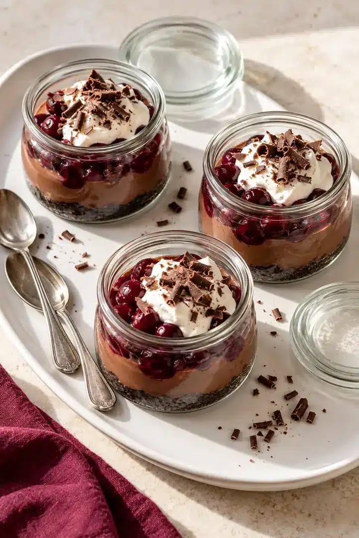 Three chocolate and cherry dessert jars with whipped cream on a tray beside lids and teaspoons