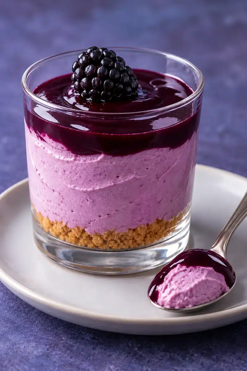 No-Bake Blackberry Cheesecake Cups 5 Purple creamy filling and darker seedless topping visible through an intact glass beside a spoonful of cheesecake