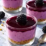 Blackberry cheesecake cups with golden graham crumbs, purple filling and dark berry topping in intact clear glasses